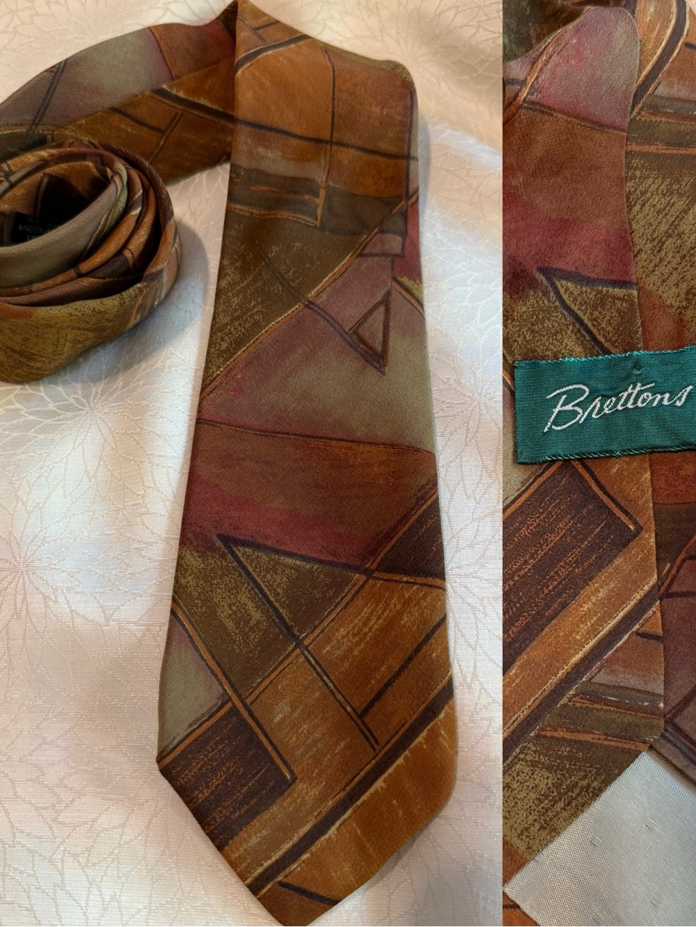 Vintage Brettons 100% Silk Tie Brown Abstract Geometric Necktie